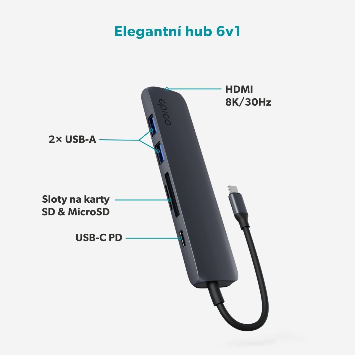 Epico 6v1 hliníkový USB-C 8K hub - atramentová 