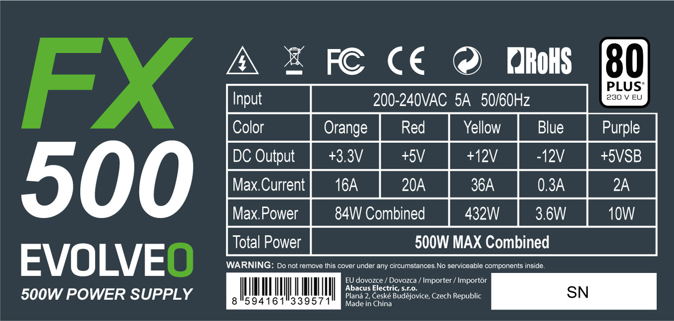 EVOLVEO FX 500, zdroj 500W ATX, 14cm, 80+, White, 3YRW 