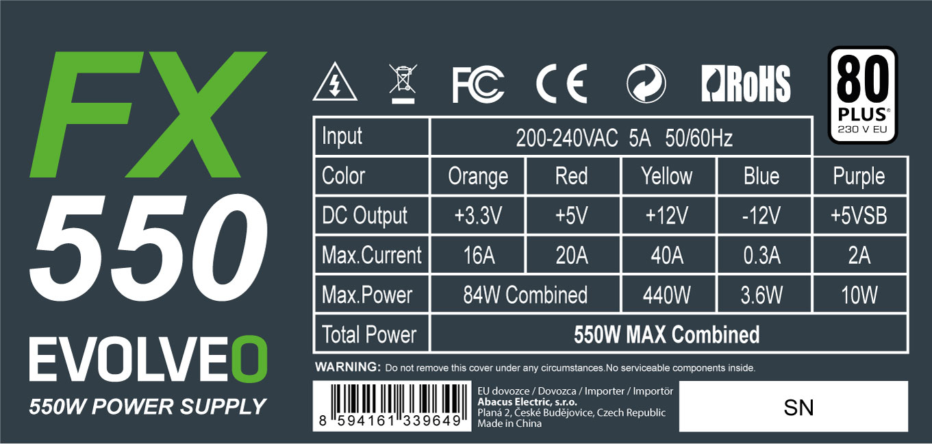 EVOLVEO FX 550/ 550W/ ATX/ 80PLUS 230V EU/ Bulk 