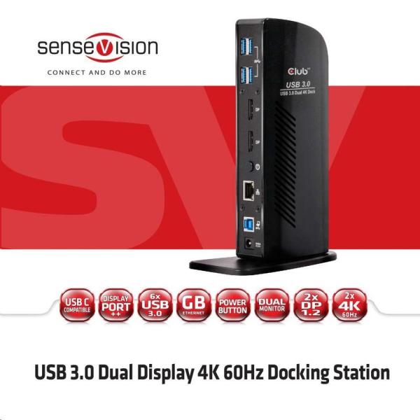 Club3D USB-A a USB-C Dual Display 4K60Hz Dokovacia stanica (6x USB 3.0/ 2x DP/ Ethernet/ USB-B/ 2x audio)2
