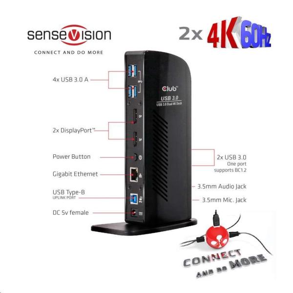 Club3D USB-A a USB-C Dual Display 4K60Hz Dokovacia stanica (6x USB 3.0/ 2x DP/ Ethernet/ USB-B/ 2x audio)3