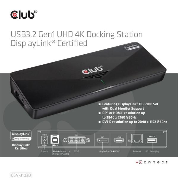 Club3D Dokovací stanice USB-A 8v1,  1xDP,  1xHDMI,  1xDVI-D,  3xUSB,  1xRJ45,  1x3.5mm,  černá1