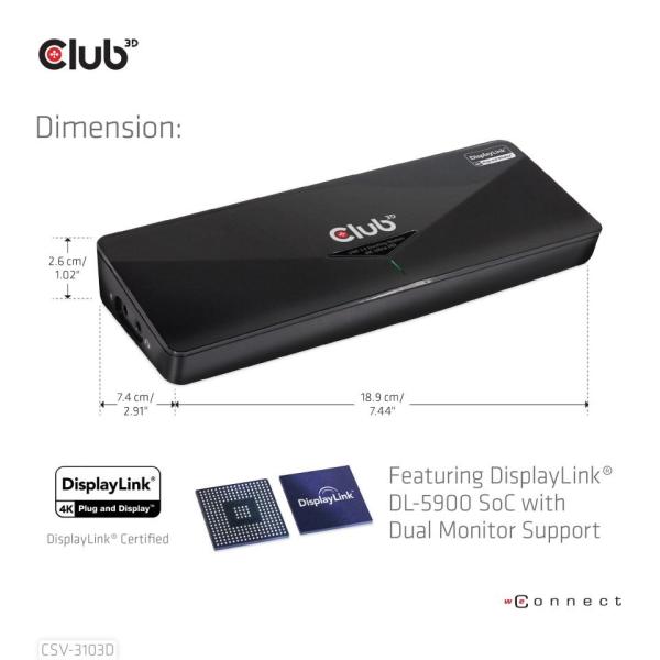 Club3D Dokovací stanice USB-A 8v1,  1xDP,  1xHDMI,  1xDVI-D,  3xUSB,  1xRJ45,  1x3.5mm,  černá2
