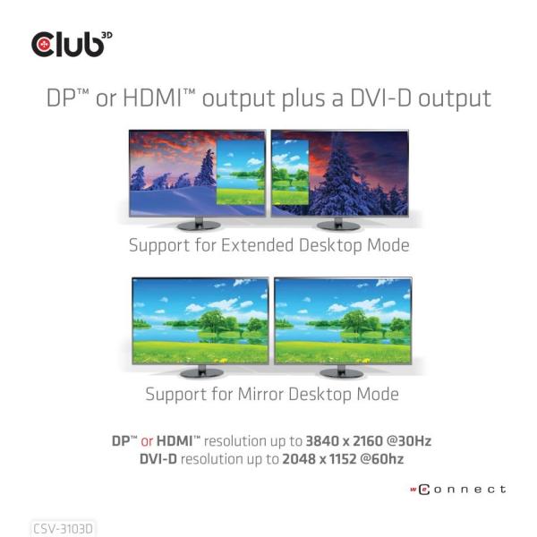 Club3D Dokovací stanice USB-A 8v1,  1xDP,  1xHDMI,  1xDVI-D,  3xUSB,  1xRJ45,  1x3.5mm,  černá3