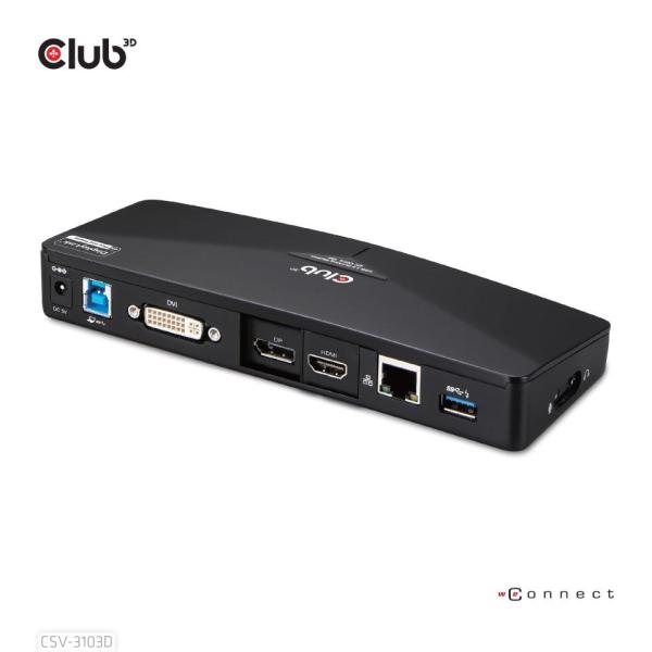 Club3D Dokovací stanice USB-A 8v1,  1xDP,  1xHDMI,  1xDVI-D,  3xUSB,  1xRJ45,  1x3.5mm,  černá7