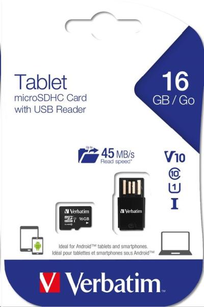 VERBATIM Tablet microSDHC C10/ U1 s USB čítačkou 16GB (R:45MB/ s,  W:10MB/ s)6