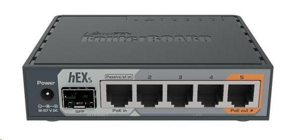 MikroTik RouterBOARD hEX S, 880MHz dvojjadrový CPU, 256MB RAM, 5x LAN, 1x SFP, PoE in/ out, USB, microSD slot, vrátane.