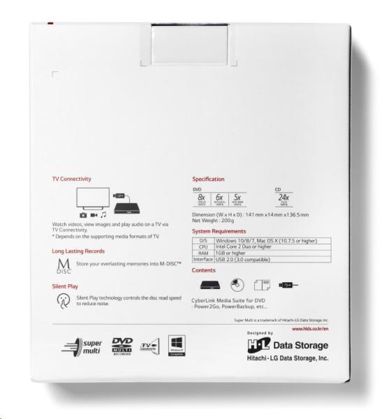 HITACHI LG - externá mechanika DVD-W/ CD-RW/ DVD±R/ ±RW/ RAM GP57EW40,  Slim,  biela,  krabica+SW4