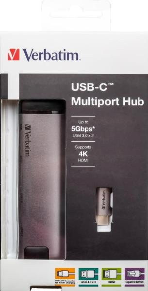 VERBATIM 49141 Multiportový USB-C HUB,  2x USB 3.0,  1x USB-C,  HDMI,  LAN,  šedý dok0