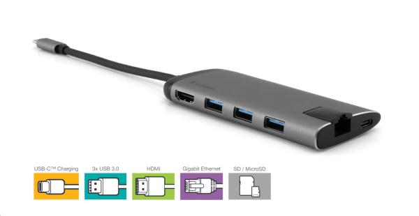 VERBATIM 49142 Multiportový HUB USB-C,  3x USB 3.0,  1x USB-C,  HDMI,  LAN,  SD,  microSD,  šedý dok