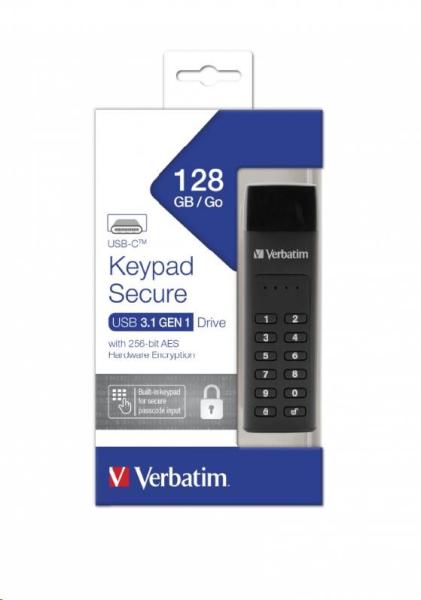VERBATIM USB C 3.1 disk 128 GB - klávesnica Secure (R:160/ W:150 MB/ s) GDPR6