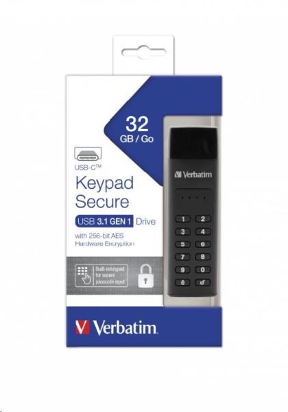 VERBATIM USB C 3.1 disk 32 GB - klávesnica Secure (R:160/ W:130 MB/ s) GDPR3