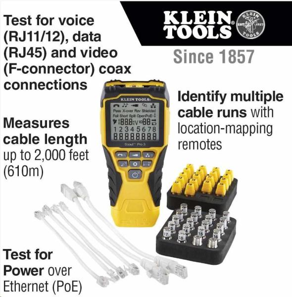 KLEIN TOOLS - VDV Scout® Pro 3 Tester Kit Locator (PoE) - 18x RJ45,  18x F-konektor0