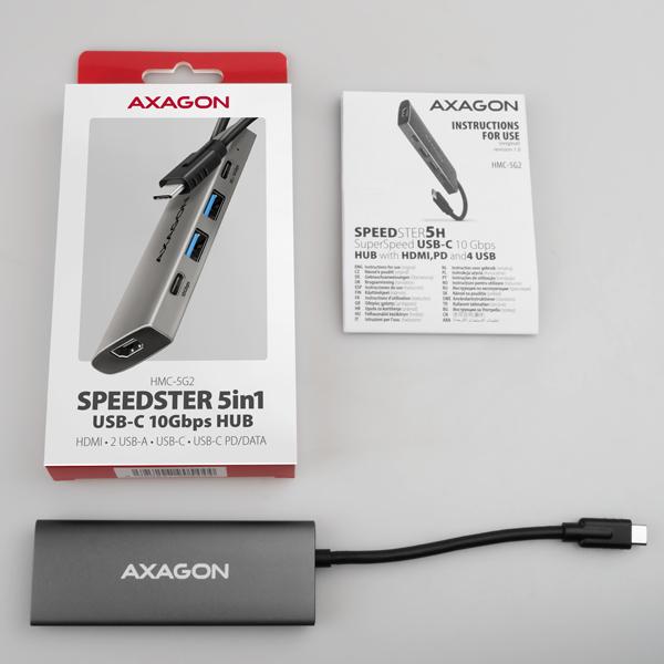 AXAGON HMC-5G2,  USB 10Gbps hub,  porty 2x USB-A,  2x USB-C,  HDMI 4k/ 60,  PD 100W,  kábel USB-C 13cm3
