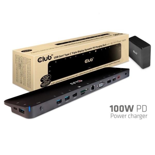 Dokovacia stanica Club3D USB-C 3.2 s napájacím adaptérom Triple Display Dynamic PD,  100 W