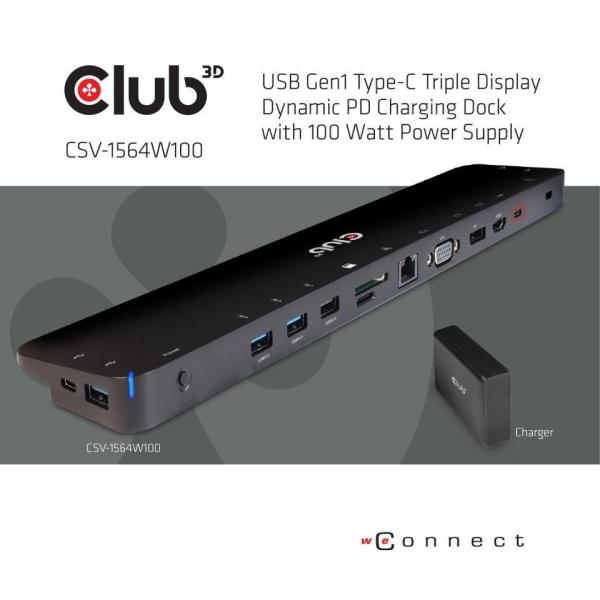 Dokovacia stanica Club3D USB-C 3.2 s napájacím adaptérom Triple Display Dynamic PD,  100 W2