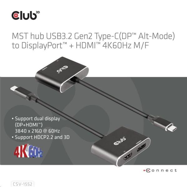 Club3D hub MST (Multi Stream Transport) USB3.2 Gen2 Type-C (DP Alt-Mode) na DisplayPort + HDMI 4K60Hz (M/ F)3