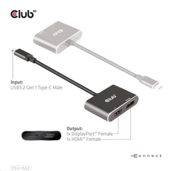 Club3D hub MST (Multi Stream Transport) USB3.2 Gen2 Type-C (DP Alt-Mode) na DisplayPort + HDMI 4K60Hz (M/ F)5