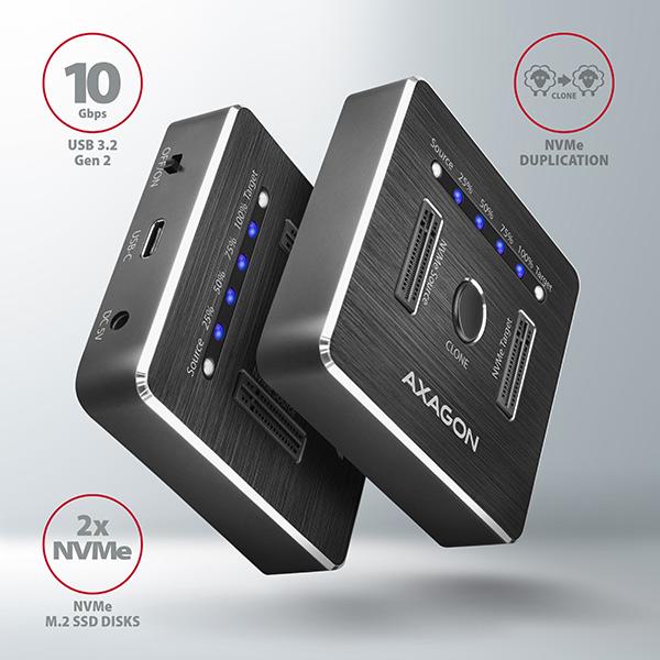 AXAGON ADSA-M2C,  USB-C 3.2 Gen 2 - 2x M.2 dokovacie stanice NVMe SSD CLONE MASTER1