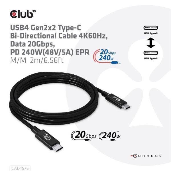 Club3D kabel USB4 Gen2x2 Typ-C,  Oboustranný USB-IF Certifikovaný data kabel,  Data 20Gbps,  PD 240W(48V/ 5A) EPR M/ M 2m1