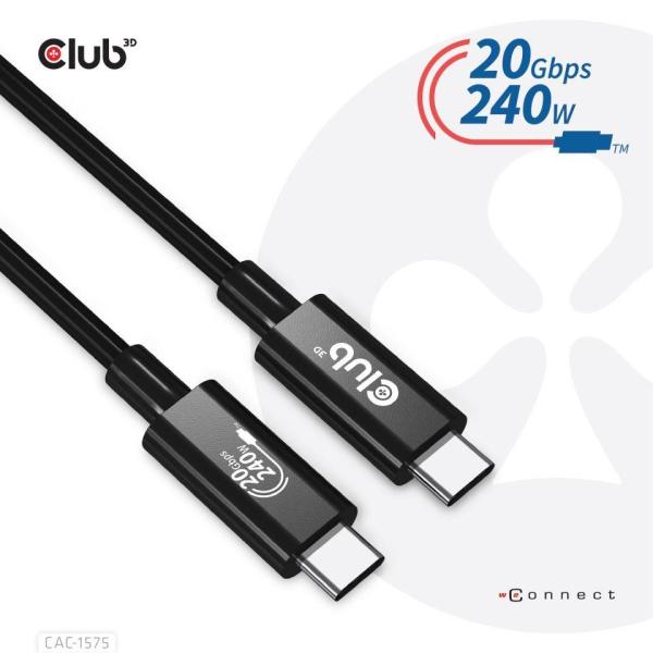 Club3D kabel USB4 Gen2x2 Typ-C,  Oboustranný USB-IF Certifikovaný data kabel,  Data 20Gbps,  PD 240W(48V/ 5A) EPR M/ M 2m3