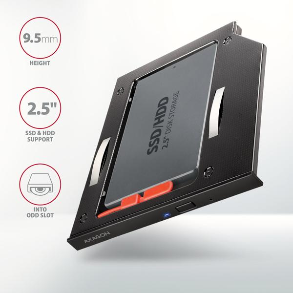 Rám AXAGON RSS-CD09 pre 2.5" SSD/ HDD na DVD,  9.5 mm,  LED,  hliník1