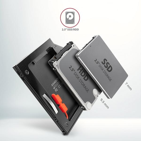 Rám AXAGON RSS-CD09 pre 2.5" SSD/ HDD na DVD,  9.5 mm,  LED,  hliník2