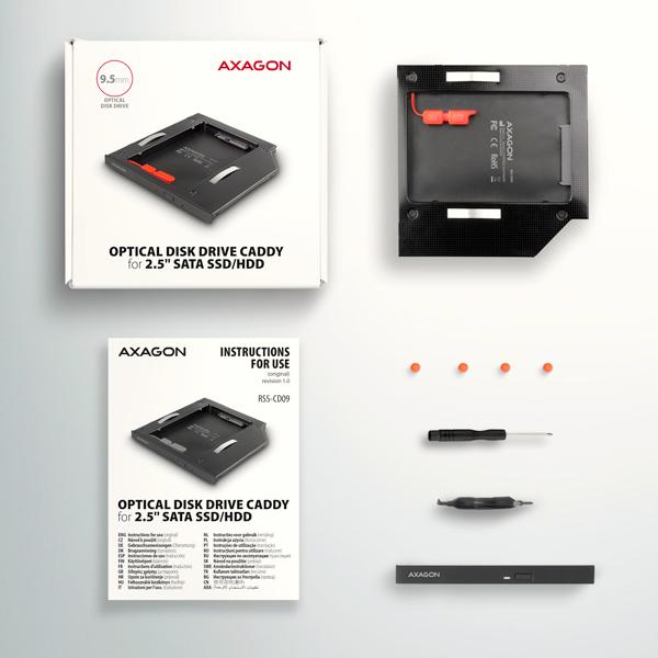 Rám AXAGON RSS-CD09 pre 2.5" SSD/ HDD na DVD,  9.5 mm,  LED,  hliník7
