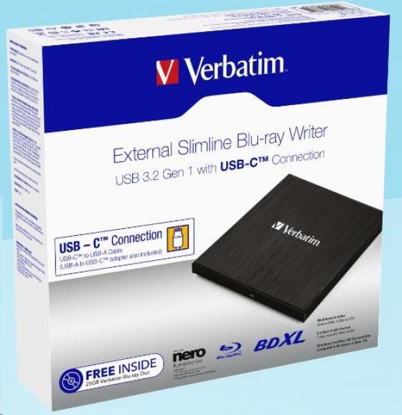 VERBATIM externí mechanika Slimline Blu-ray Writer (USB-C,  USB 3.0)  Zdarma BR Disc 25GB (CD DVD BD + NERO4