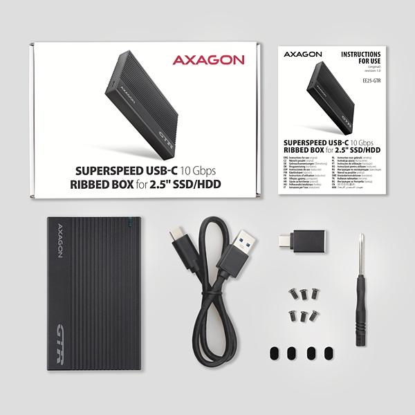 AXAGON EE25-GTR,  USB-C 10Gbps - SATA 6G 2.5" RIBBED box,  čierny6