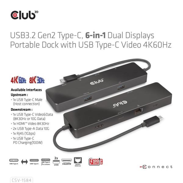 Club 3D Dokovací stanice USB-C 6v1,  1xHDMI,  1xUSB-C PD 100W,  2x USB,  1xRJ45,  černá2