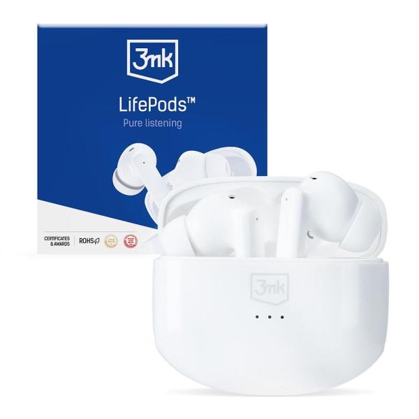 3mk bezdrátová stereo sluchátka LifePods,  stereo,  nabíjecí pouzdro,  bílá