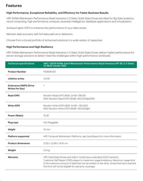 HPE 7.68TB NVMe Gen4 Mainstream Performance Read Intensive SFF BC U.3 Static V2 Multi Vendor SSD (6200/ 3870MBis)2