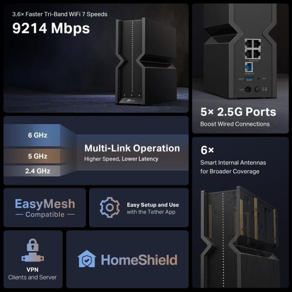 TP-Link Archer BE550 OneMesh/ EasyMesh WiFi7 router(BE9300, 2, 4GHz/ 5GHz/ 6GHz, 1x2, 5GbEWAN, 4x2, 5GbELAN, 1xUSB3.0)4