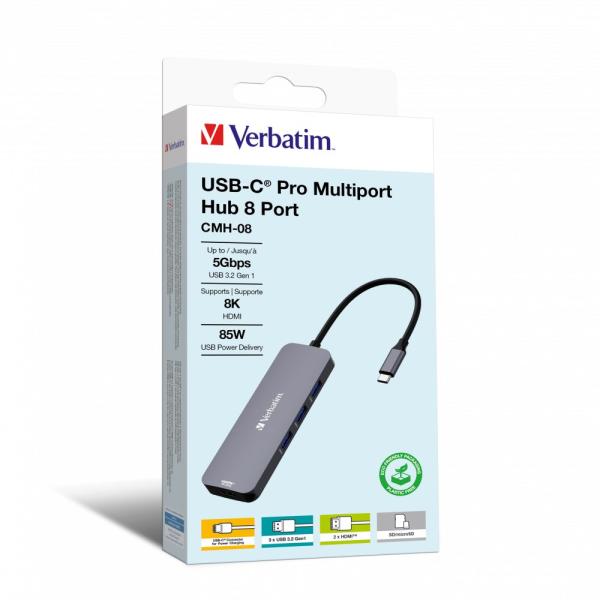 VERBATIM Hub USB-C Pro Multiport 8 Port,  3x USB 3.2,  1x USB-C,  2xHDMI,  microSD/ SD,  šedá3