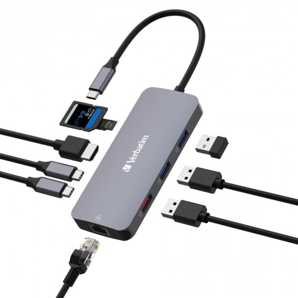 VERBATIM Hub USB-C Pro Multiport 9 Port,  3x USB 3.2,  2x USB-C,  HDMI,  RJ45,  microSD/ SD,  šedá1
