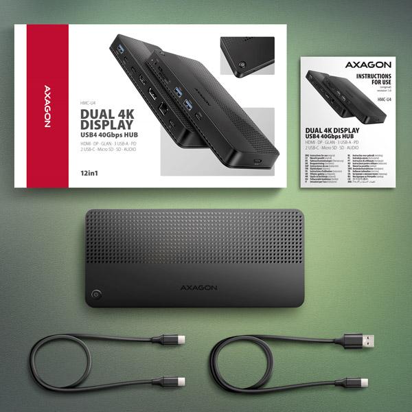AXAGON HMC-U4,  USB4 40Gbps dock,  3x USB-A,  2x USB-C,  HDMI a DP 8K/ 30Hz,  RJ-45,  SD/ mSD,  audio,  PD 100W,  kábel USB-C 80cm10
