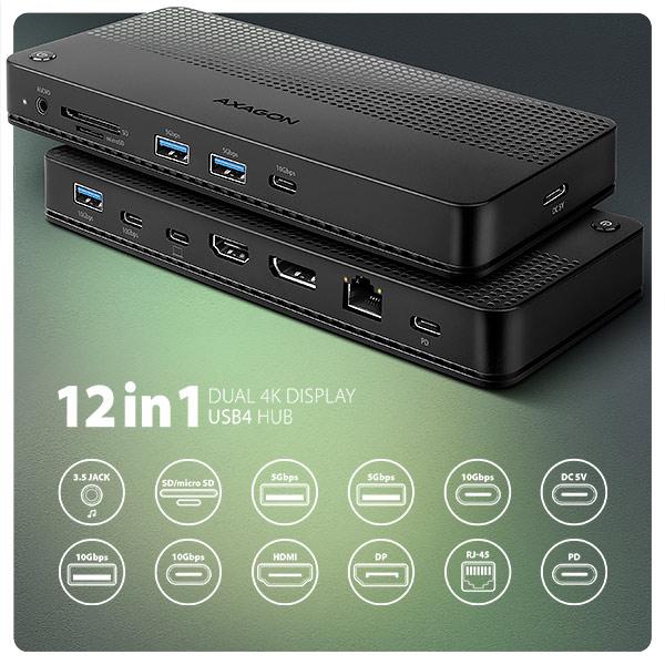 AXAGON HMC-U4,  USB4 40Gbps dock,  3x USB-A,  2x USB-C,  HDMI a DP 8K/ 30Hz,  RJ-45,  SD/ mSD,  audio,  PD 100W,  kábel USB-C 80cm1
