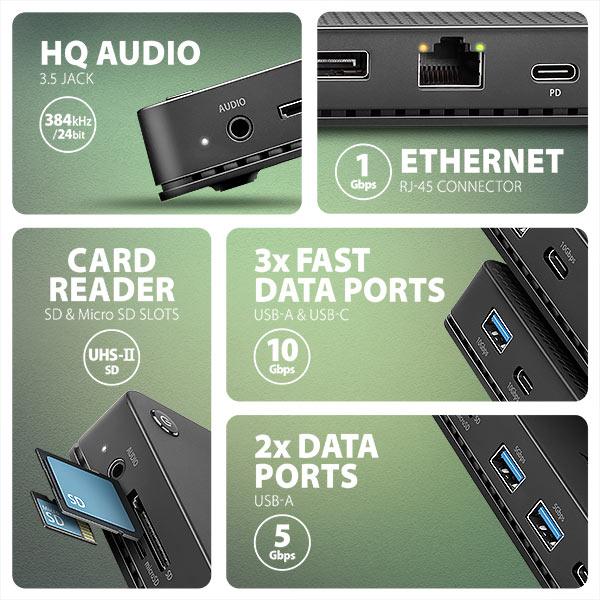 AXAGON HMC-U4,  USB4 40Gbps dock,  3x USB-A,  2x USB-C,  HDMI a DP 8K/ 30Hz,  RJ-45,  SD/ mSD,  audio,  PD 100W,  kábel USB-C 80cm4