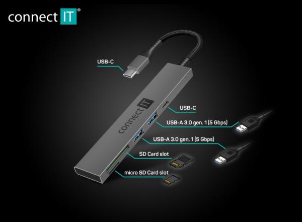 CONNECT IT USB-C hub,  2x USB-A,  1x USB-C,  1x SD karta,  1x MicroSD karta,  šedá4