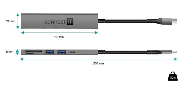 CONNECT IT USB-C hub,  2x USB-A,  1x USB-C,  1x SD karta,  1x MicroSD karta,  šedá2