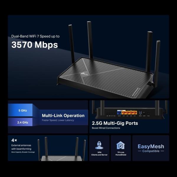 TP-Link Archer BE230 OneMesh/ EasyMesh WiFi7 router(BE3600, 2, 4GHz/ 5GHz, 1x2, 5GbEWAN, 1x2, 5GbELAN, 3xGbELAN, 1xUSB3.0)2