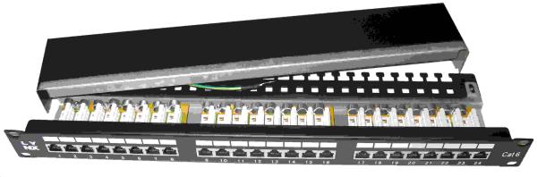 19" Patch panel LYNX 24port,  STP,  Cat6,  30µm,  duální svorkovnice,  černý