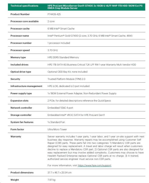 HPE PL MicroServer Gen11 G7400 (3.7/ 2C4T/ 46W) 16G VROC 4LFF-NHP 1TB HDD 4p1G NBD111 iLo port (P65741-B21) Smart Choice2