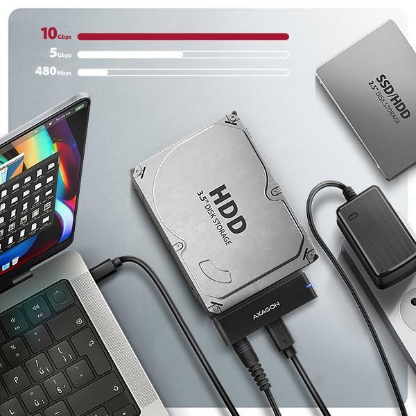 AXAGON ADSA-FPX,  USB-C 10Gbps - SATA 6G,  2.5"/ 3.5" SSD/ HDD FAST PORT X adaptér,  vrátane AC napájača3