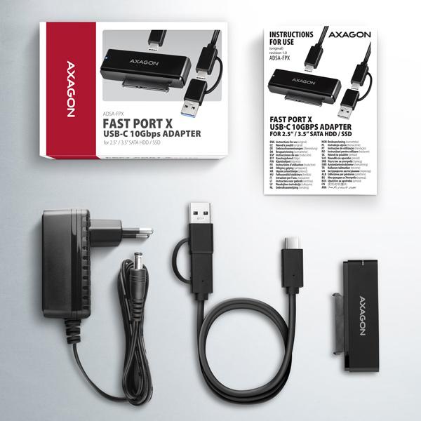 AXAGON ADSA-FPX,  USB-C 10Gbps - SATA 6G,  2.5"/ 3.5" SSD/ HDD FAST PORT X adaptér,  vrátane AC napájača6