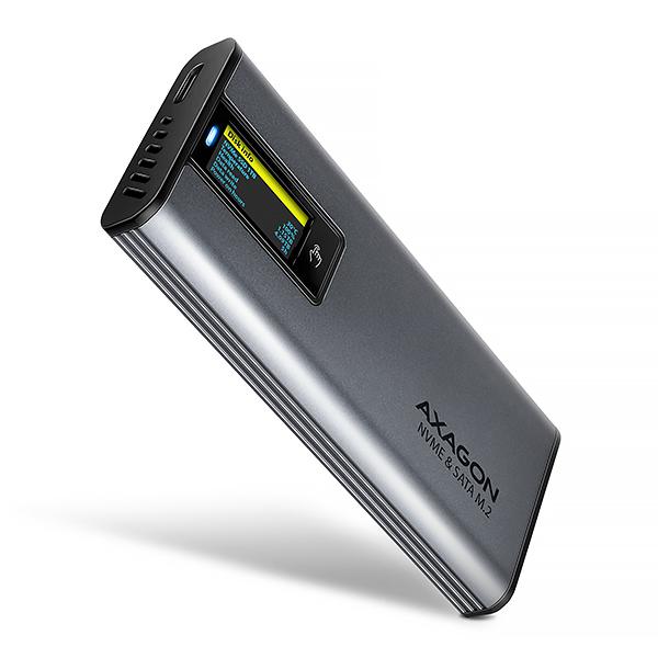 AXAGON EEM2-SD2, USB-C 10Gbps externý box s displejom pre M.2 NVMe/ SATA SSD, bezskrutkový, strieborný