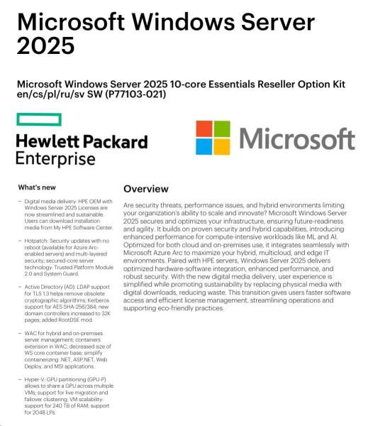 HPE Windows Server 2025 10-core Essentials Reseller Option Kit CZ (25/ 50user/ dev en/ ru/ po) OEM