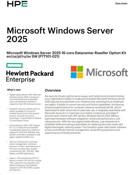 HPE Windows Server 2025 16-core Datacenter Reseller Option Kit (CZ EN Russia Pol Swe)