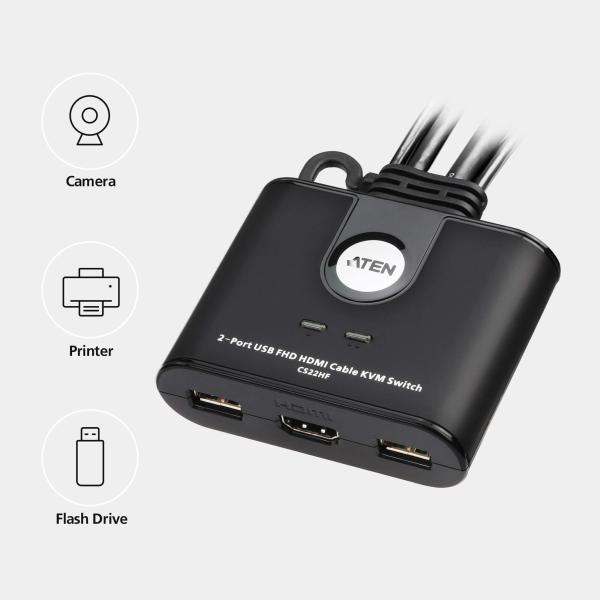 ATEN 2-port mini HDMI KVM USB,  integrované kabely,  tlačítko pro přepínání1